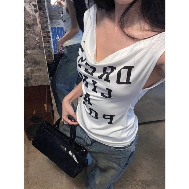 Marisse White Letter Print Fitted Tee