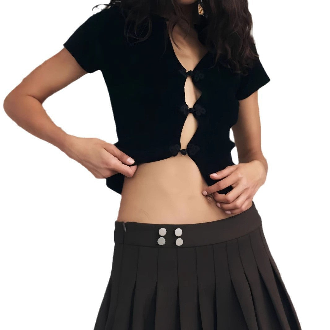 Mirella Slim-Fit V-Neck Hollow Button Top