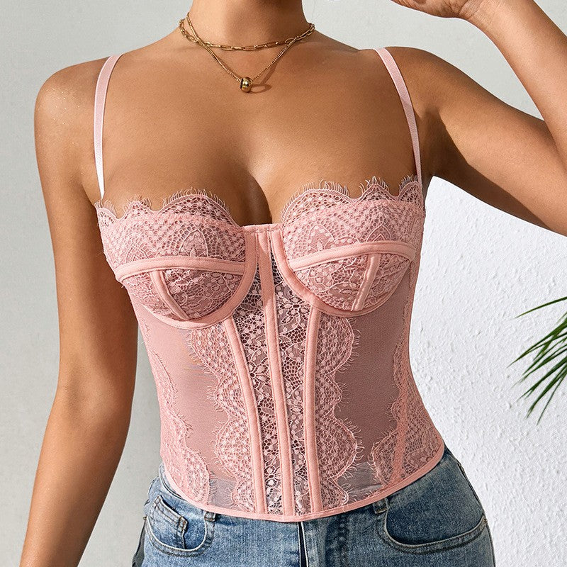 Seloura Lace Corset-Style Sheer Sling Top