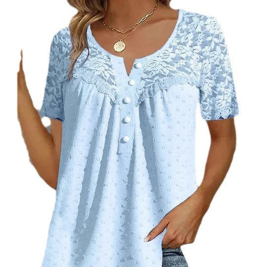 Serina Lace Patchwork V-Neck Short Sleeve T-Shirt