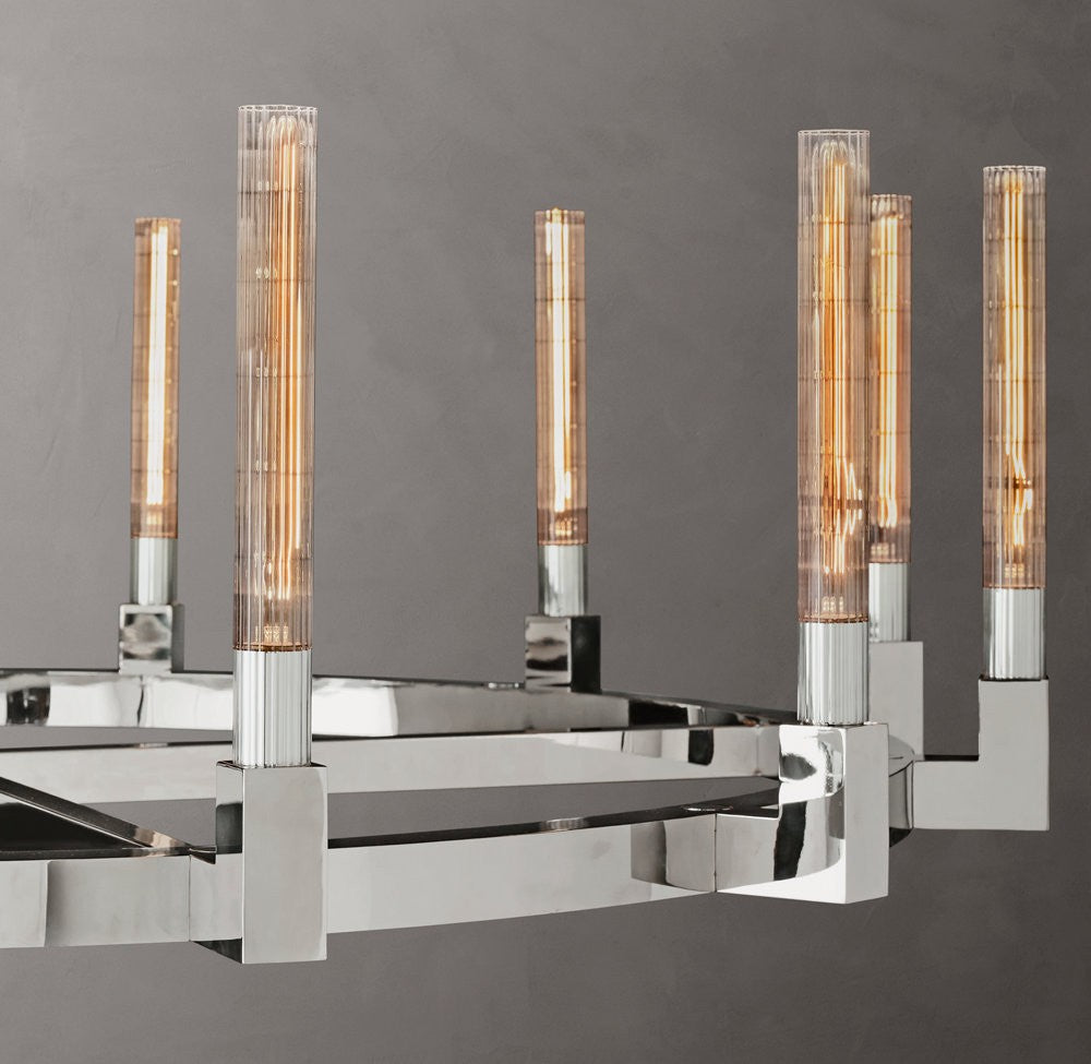 Cannele Round Brass and Ribbed Glass Chandelier