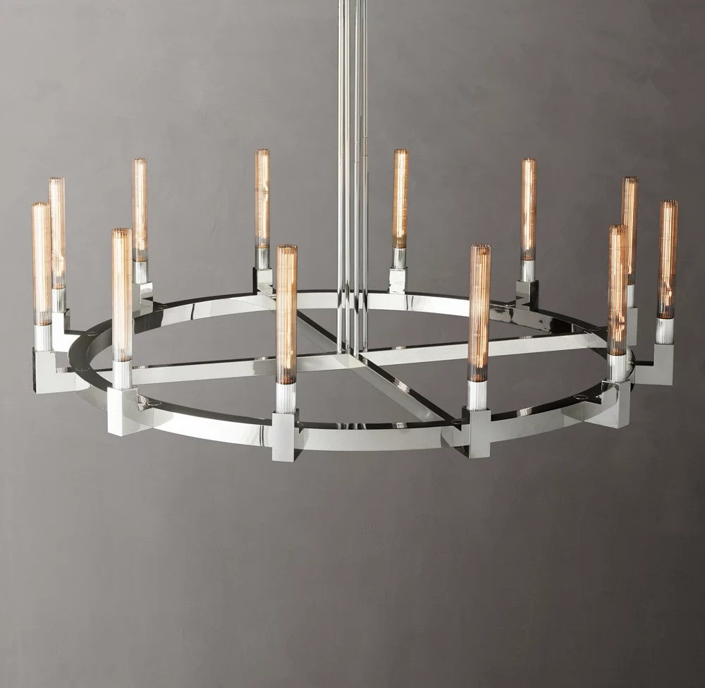 Cannele Round Brass and Ribbed Glass Chandelier