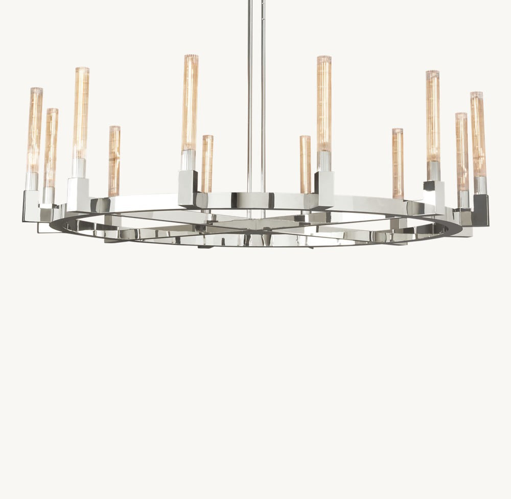 Cannele Round Brass and Ribbed Glass Chandelier