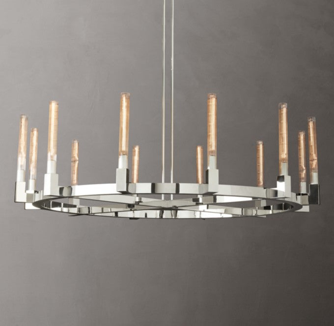 Cannele Round Brass and Ribbed Glass Chandelier