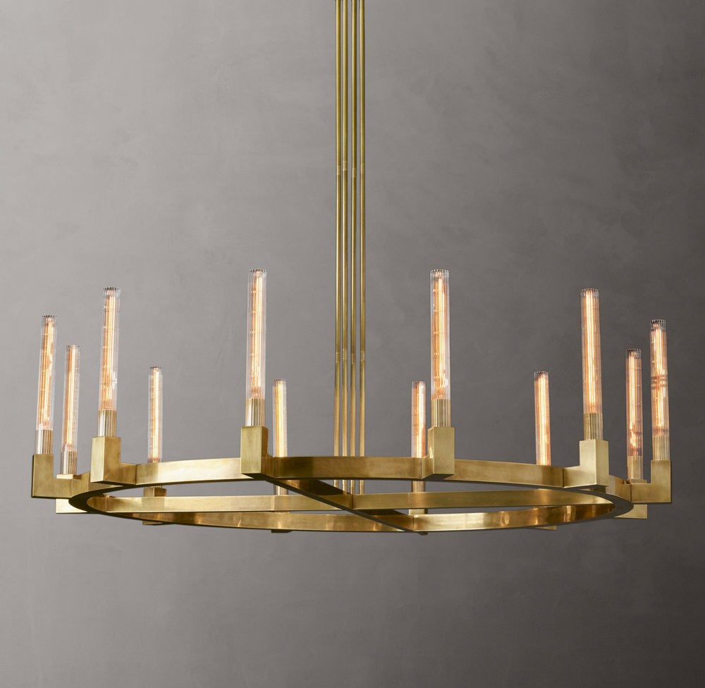 Cannele Round Brass and Ribbed Glass Chandelier