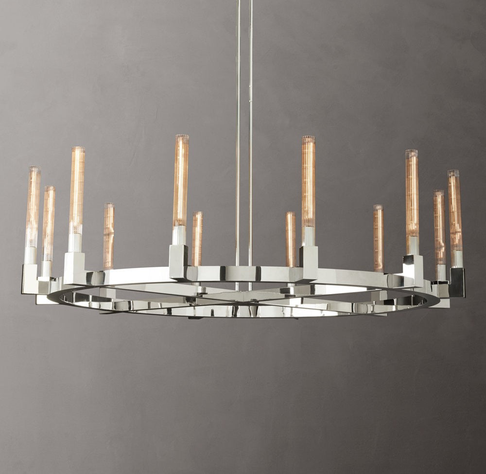 Cannele Round Brass and Ribbed Glass Chandelier