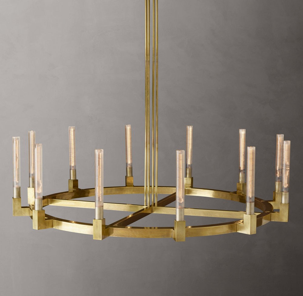 Cannele Round Brass and Ribbed Glass Chandelier