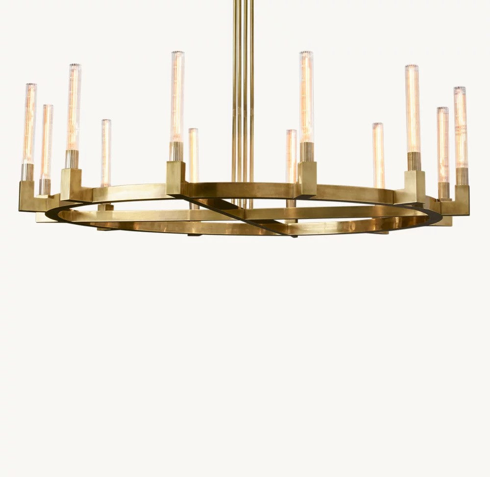 Cannele Round Brass and Ribbed Glass Chandelier