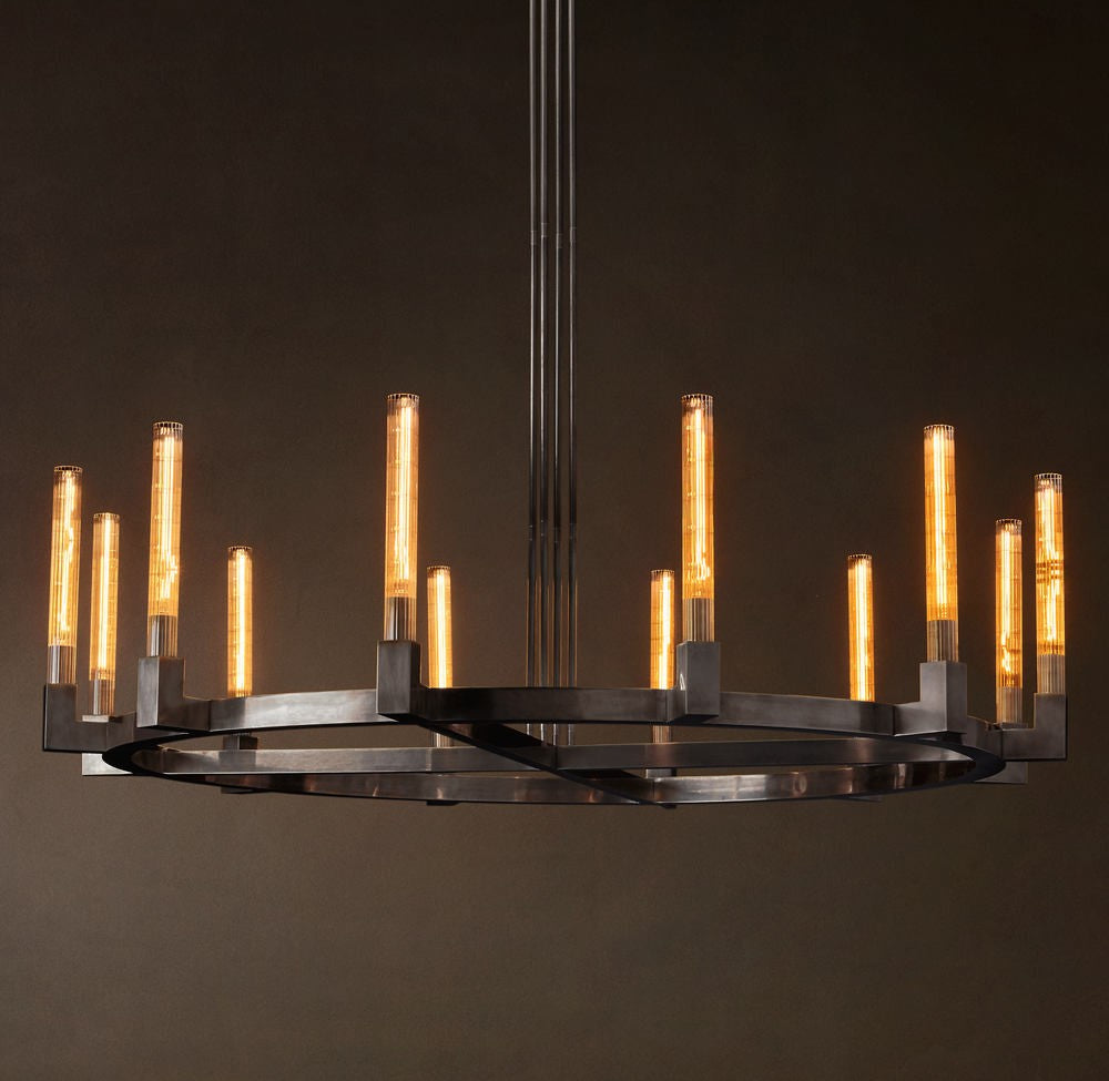 Cannele Round Brass and Ribbed Glass Chandelier
