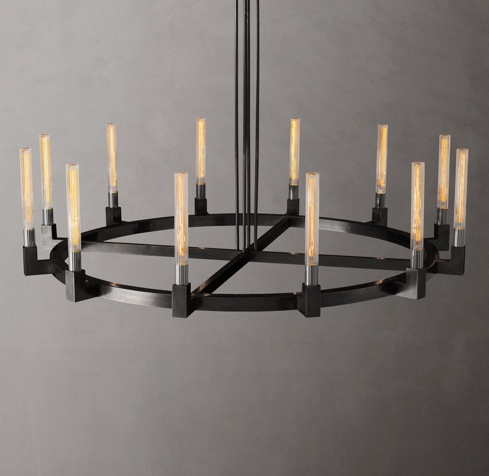 Cannele Round Brass and Ribbed Glass Chandelier