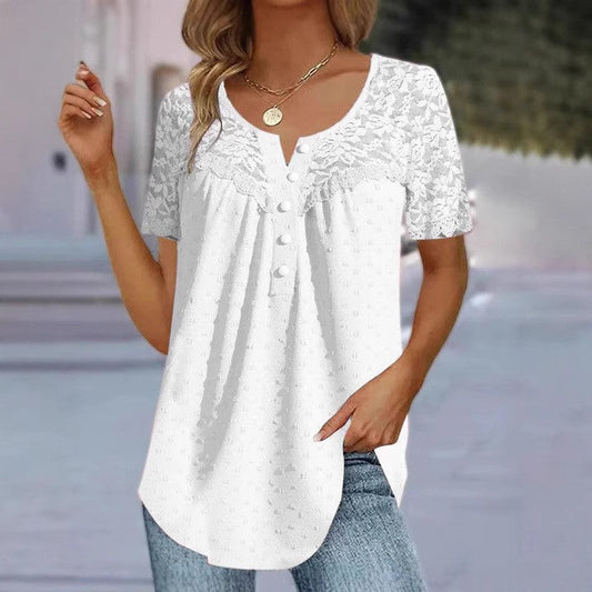 Serina Lace Patchwork V-Neck Short Sleeve T-Shirt
